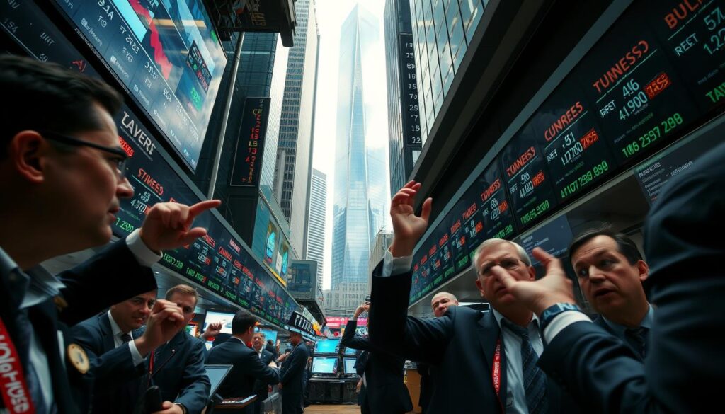 A bustling financial market scene, captured with a wide-angle lens and dramatic lighting. In the foreground, traders gesticulate animatedly, their expressions a mix of tension and determination as they monitor digital displays and exchange rapid-fire orders. The middle ground is a maze of ticker screens, stock tickers, and financial charts, conveying the rapid flow of information and analysis that drives the market. In the background, a towering modern skyscraper skyline, its glass facades reflecting the frenetic activity below, creating a sense of scale and the weight of the wider economy. The overall mood is one of high-stakes dynamism, where subtle shifts in policy can reverberate through the entire financial landscape.