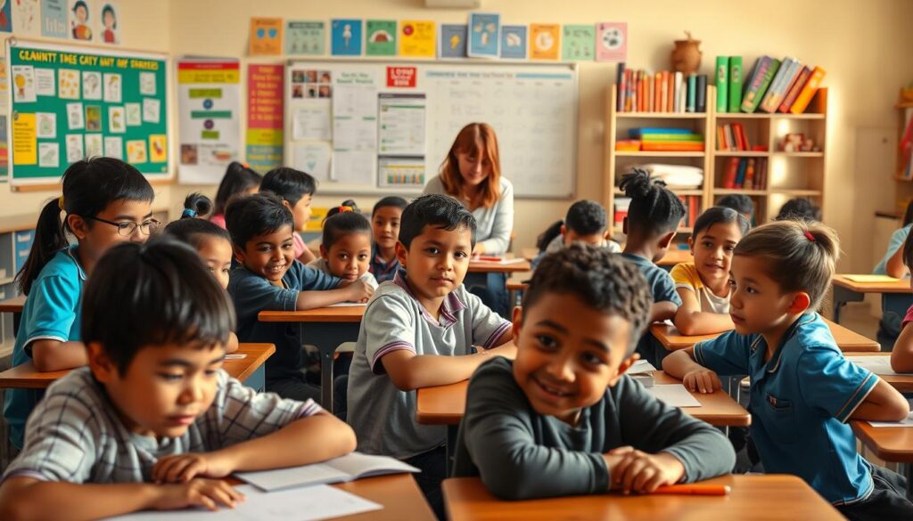 A classroom with diverse students, from various backgrounds, engaged in interactive learning activities. The foreground showcases a group of children seated at desks, focused on their tasks, their faces animated with curiosity and determination. The middle ground features a teacher guiding the students, their body language exuding patience and encouragement. The background depicts a vibrant, well-equipped classroom, with educational posters, interactive whiteboards, and shelves filled with learning materials, conveying a sense of a stimulating and nurturing environment. The lighting is warm and natural, casting a soft glow across the scene, creating an atmosphere of inclusivity and hope. This image captures the essence of the challenges in providing quality basic education, highlighting the importance of engaging, supportive, and resourceful learning spaces.