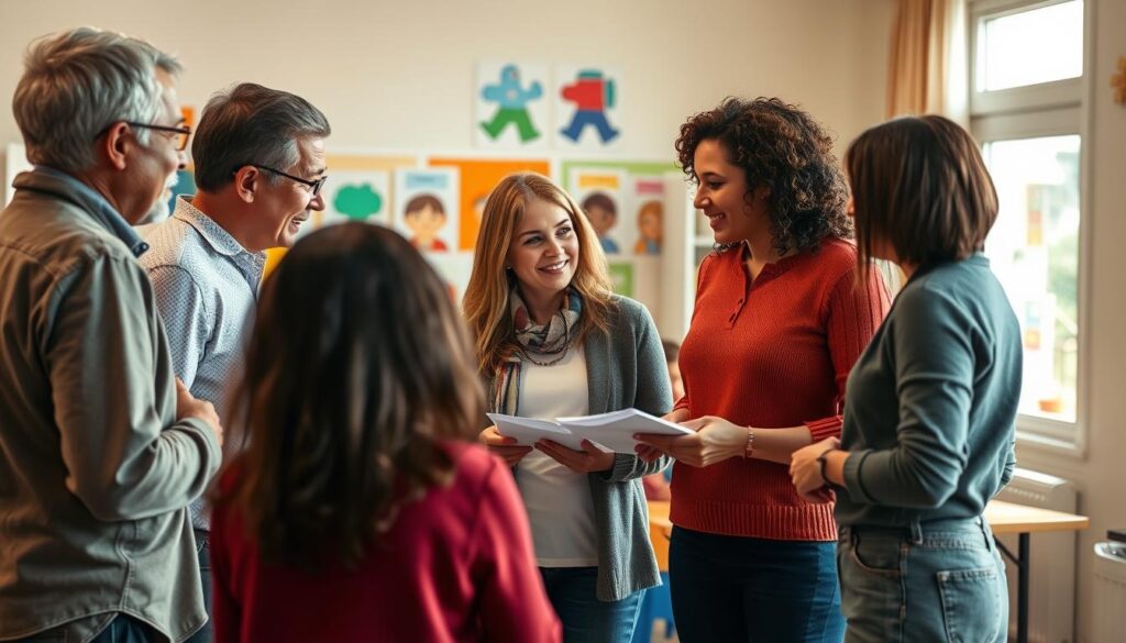 A collaborative scene of parents and school staff, set in a warm, welcoming classroom. In the foreground, a group of adults engaged in a constructive discussion, their body language conveying openness and camaraderie. In the middle ground, a teacher and a parent exchange notes, their expressions reflecting mutual understanding. In the background, colorful student artwork adorns the walls, symbolizing the shared investment in the children's education. Soft, natural lighting filters through the windows, creating a sense of harmony and trust. The overall composition suggests a harmonious partnership between the home and school, working together to nurture the growth and development of the students.