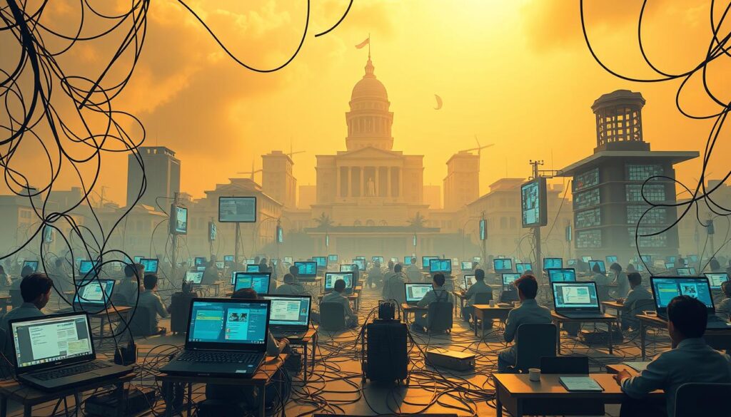 A complex digital landscape depicting the challenges of integrating Indonesia's education system. In the foreground, virtual school icons, laptops, and students struggle to connect through a tangle of wires and glitching screens. The middle ground features a fragmented curriculum, with discordant teaching methods and outdated resources. In the background, a towering bureaucratic infrastructure casts a shadow, highlighting the organizational hurdles. Warm, diffused lighting creates an atmosphere of uncertainty, while a hazy, dreamlike quality evokes the sense of a system in transition. Dramatic camera angles and a sense of depth convey the scale and complexity of the transformation required.
