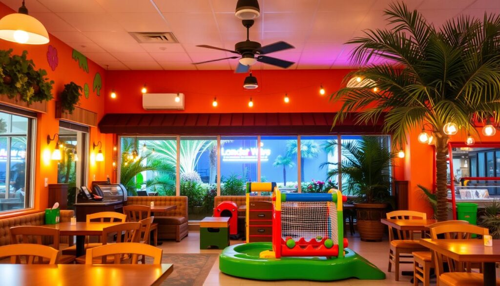 A cozy family-friendly restaurant in Miami, bathed in warm, inviting lighting. The foreground showcases a welcoming, open dining area with cheerful decor and comfortable seating. In the middle ground, a playful children's play area with colorful toys and games captivates young diners. The background depicts a vibrant, tropical-inspired exterior with lush greenery, palm trees, and a sense of laid-back, Florida charm. The atmosphere exudes a casual, welcoming vibe that caters to families, with attentive staff and a menu offering a variety of delicious, home-cooked meals.