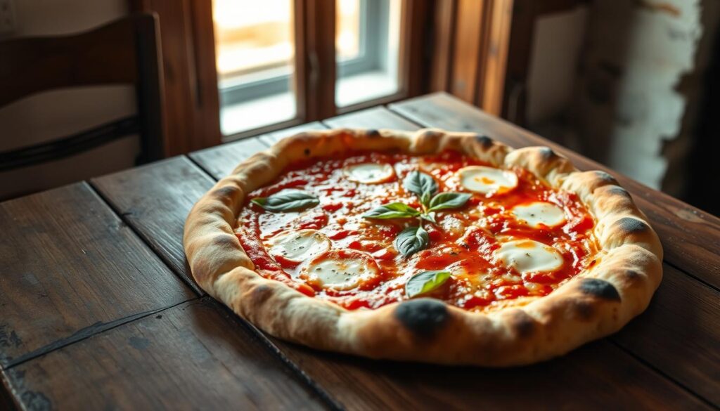 A crisp, golden-crusted Neapolitan pizza, its center delicately charred, rests on a rustic wooden table. The fresh, glistening tomato sauce and creamy mozzarella cheese create a vibrant contrast, while delicate basil leaves lend a fragrant touch. Soft light filters through a nearby window, casting a warm glow over the scene. The pizza's irregular, hand-stretched shape and slightly blistered edges showcase the artisanal craftsmanship of its creation. The setting exudes an authentic, old-world Italian ambiance, evoking the rich culinary traditions of Naples.
