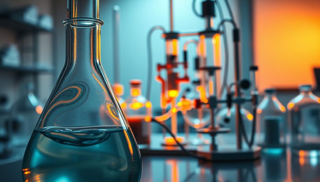 A detailed, visually striking depiction of the synthetic process. In the foreground, a transparent glass flask filled with a swirling, luminescent liquid. Midground, a complex apparatus of glassware, tubes, and instruments, bathed in a warm, amber glow from a precision-focused lighting setup. In the background, a blurred, minimalist laboratory environment, hinting at the precise, controlled nature of the synthesis. The overall scene conveys a sense of scientific rigor, innovation, and the subtle beauty inherent in the chemical transformation.