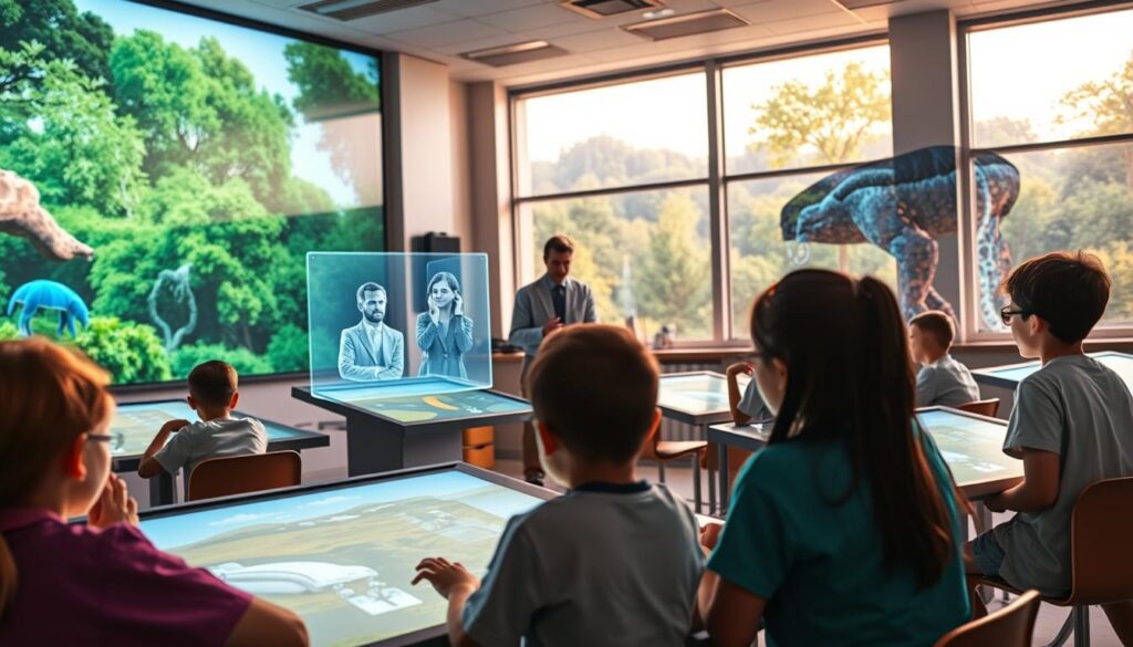 A modern classroom filled with innovative educational technology. In the foreground, students engage with interactive touchscreen displays, their faces illuminated by the soft glow of the screens. In the middle ground, a teacher stands beside a floating holographic presentation, guiding the class through a lesson. In the background, the walls are adorned with digital murals that change and adapt, creating a dynamic and immersive learning environment. The lighting is warm and natural, filtered through large windows that offer a view of a lush, verdant landscape outside. The atmosphere is one of curiosity, collaboration, and a sense of boundless possibilities for the future of education.