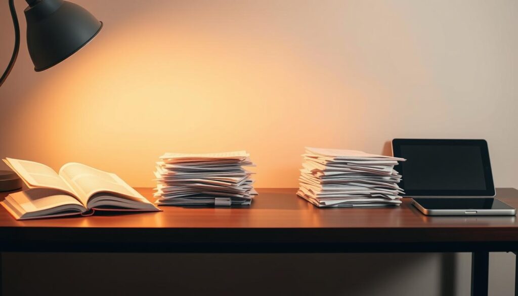 A neatly organized desk, with an open book on the left and a tablet on the right. In the center, two distinct piles of documents - one representing synthesis, the other analysis. Warm, focused lighting illuminates the scene, casting subtle shadows that emphasize the contrasting processes. The background is a soft, neutral tone, allowing the desk and its contents to be the focal point. The overall mood is one of thoughtful contemplation, guiding the viewer to consider the nuanced differences between these two essential cognitive skills.