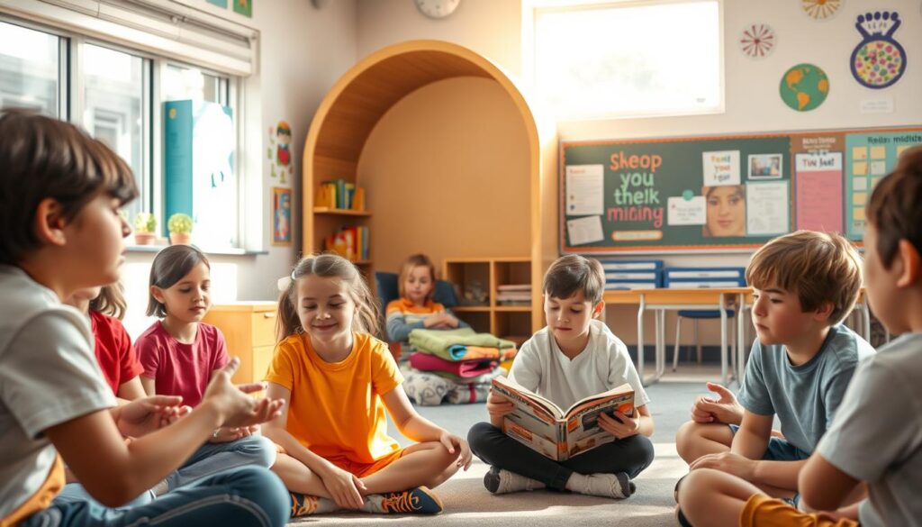 A peaceful school setting with students engaged in activities that promote mental well-being. The foreground features a group of students sitting in a circle, their faces expressing calm and concentration as they participate in a guided meditation session. The middle ground showcases a cozy and inviting reading nook, where a student is curled up with a book, immersed in a world of their own. In the background, a sunlit and airy classroom, with colorful educational displays and motivational posters adorning the walls, creating an atmosphere of positivity and support. The lighting is soft and natural, casting a warm glow over the scene, and the camera angle is slightly elevated, giving a sense of inclusiveness and community. Overall, the image conveys the importance of prioritizing mental health and well-being within the educational environment.