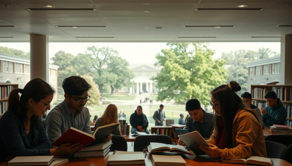 A serene academic setting, with students and scholars engaged in thoughtful discussion. In the foreground, a group poring over textbooks and laptops, faces illuminated by a warm, diffused light. In the middle ground, a large, well-stocked bookshelf, its volumes a testament to the depth of knowledge. The background features a panoramic view of a campus quad, trees swaying gently in the breeze, suggesting the broader societal impact of educational opportunities. The overall scene conveys a sense of intellectual curiosity, collaboration, and the transformative potential of scholarships in shaping the future.