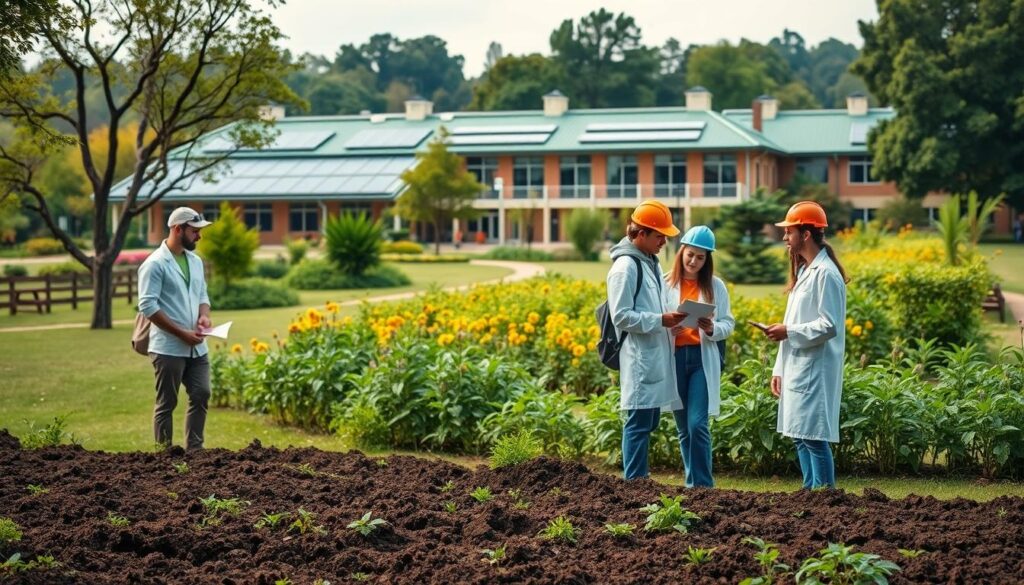 A serene campus landscape with a focus on environmental engineering. In the foreground, a group of students in lab coats and hard hats, examining soil samples and discussing sustainable design concepts. The middle ground features a modern, eco-friendly campus building with solar panels and green roofing. In the background, a lush, verdant garden with native flora, symbolizing the importance of environmental preservation. Soft, diffused lighting creates a warm, inviting atmosphere, conveying the benefits of an environmental engineering scholarship - a path towards a sustainable future.