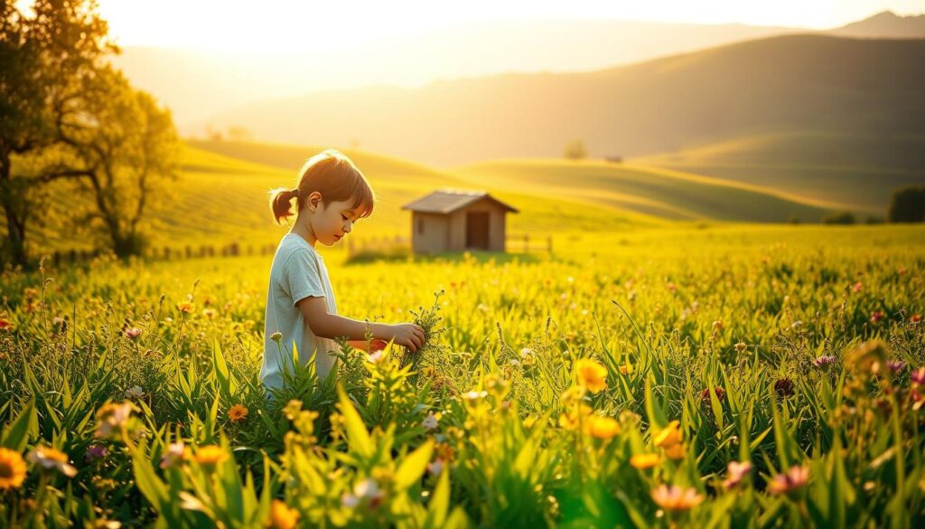A serene, verdant field bathed in warm, golden sunlight. In the foreground, a young person tenderly tends to a lush, blooming garden, their aura emanating a calming, nurturing energy. Surrounding them, vibrant flowers and plants sway gently in a light breeze, creating a sense of harmony and interconnectedness. In the middle ground, a small, rustic structure stands, its earthy tones blending seamlessly with the natural landscape. The background features rolling hills and a distant, hazy horizon, conveying a feeling of tranquility and expansiveness. The scene evokes a deep sense of peace, balance, and the profound connection between humanity and the natural world.