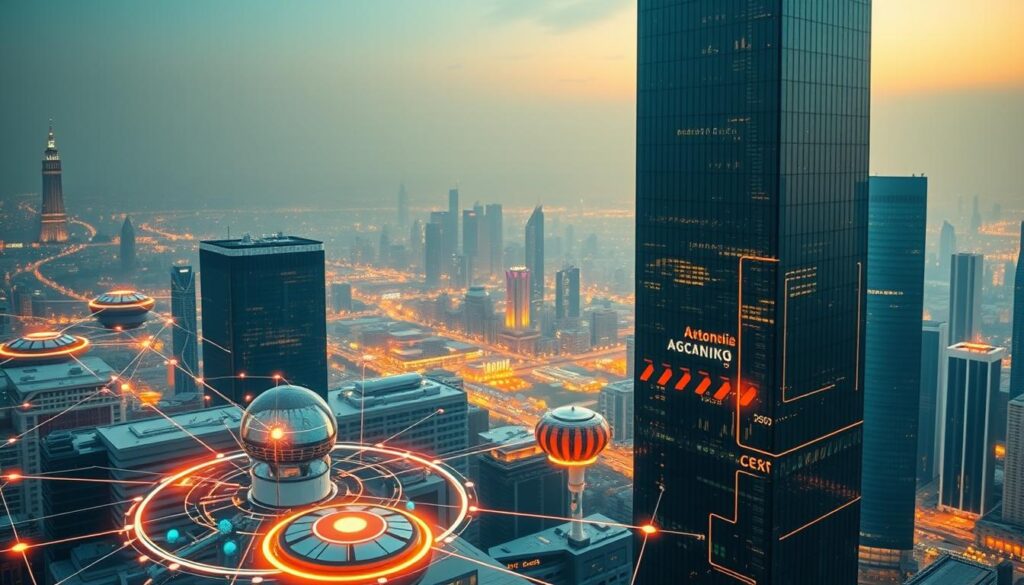 A sleek, futuristic business landscape unfolds, where autonomous systems seamlessly integrate with the corporate ecosystem. In the foreground, a network of interconnected digital interfaces and AI-powered dashboards orchestrate the flow of data and decision-making. The middle ground features a towering, glass-encased headquarters, its facade reflecting the vibrant cityscape beyond. Bathed in a warm, diffused light, the scene conveys a sense of efficiency, agility, and technological advancement. In the background, a skyline of skyscrapers and hazy, futuristic cityscapes hint at the scale and scope of this autonomous business transformation. The overall mood is one of innovation, progress, and the seamless integration of human and machine intelligence. A sleek, futuristic business landscape unfolds, where autonomous systems seamlessly integrate with the corporate ecosystem. In the foreground, a network of interconnected digital interfaces and AI-powered dashboards orchestrate the flow of data and decision-making. The middle ground features a towering, glass-encased headquarters, its facade reflecting the vibrant cityscape beyond. Bathed in a warm, diffused light, the scene conveys a sense of efficiency, agility, and technological advancement. In the background, a skyline of skyscrapers and hazy, futuristic cityscapes hint at the scale and scope of this autonomous business transformation. The overall mood is one of innovation, progress, and the seamless integration of human and machine intelligence.