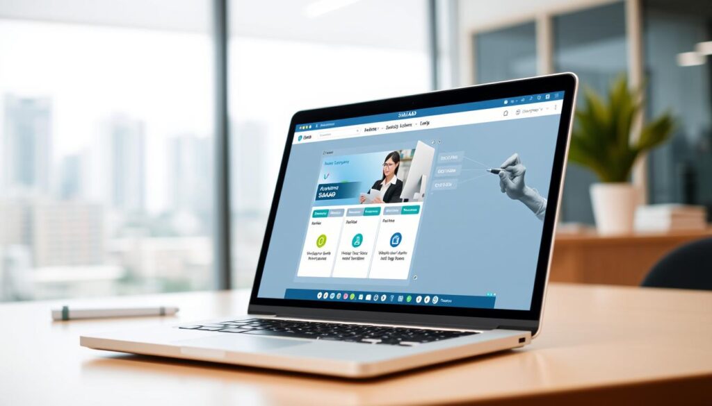 A sleek, intuitive online academic information system interface, showcasing a clean and modern design. The foreground features a laptop screen displaying the SIAKAD (Sistem Informasi Akademik) platform, with crisp typography, clear navigation menus, and user-friendly icons. The middle ground depicts a student or staff member interacting with the system, surrounded by a minimalist workspace with subtle office elements. In the background, a blurred cityscape or campus scene provides a sense of context, conveying the system's role in a larger educational environment. The overall mood is one of efficiency, accessibility, and seamless digital integration, reflecting the "Dukungan dan Bantuan Pengguna" (User Support and Assistance) aspect of the SIAKAD system.