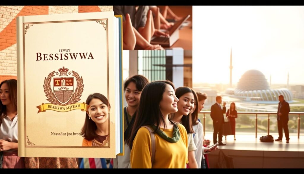 A vibrant collage showcasing an innovative "Beasiswa Sejarah" program, blending historical influences with a forward-thinking educational approach. In the foreground, a stylized book cover featuring a classic university crest and calligraphic typography, hinting at the program's academic heritage. The middle ground depicts a group of diverse students engaged in collaborative discussions, their expressions reflecting intellectual curiosity and a sense of empowerment. In the background, a panoramic vista of a modern, technologically-advanced campus, with sleek architectural elements and the silhouettes of scholars and researchers, symbolizing the program's commitment to innovation and progress. Warm, natural lighting bathes the scene, creating a sense of optimism and opportunity.