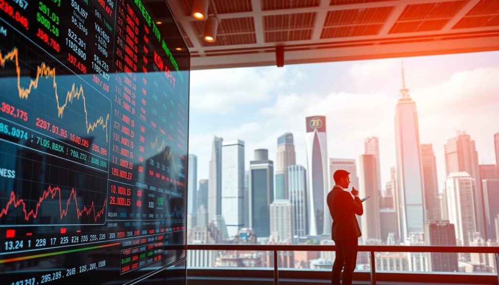 A vibrant, dynamic financial market landscape with a diverse array of investment opportunities. In the foreground, a digital display showcases fluctuating stock prices and market indices, hinting at the potential for growth and risk. In the middle ground, a group of professional investors closely monitor their portfolios, analyzing data and making informed decisions. The background features a cityscape of towering skyscrapers, conveying the scale and complexity of the global financial system. Warm lighting creates an atmosphere of energy and excitement, inviting the viewer to explore the thrilling world of financial markets and the possibilities they hold.