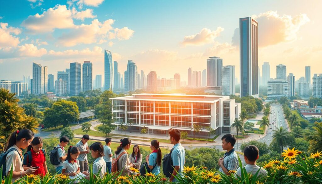 A vibrant landscape depicting the national education system of Indonesia. In the foreground, a group of diverse students, from various backgrounds, engaged in interactive learning activities. The middle ground showcases a modern, well-equipped school building with sleek architecture and lush greenery surrounding it. In the background, a cityscape with towering skyscrapers and bustling streets, symbolizing the integration of education within the larger societal framework. The scene is illuminated by warm, golden sunlight, creating a sense of hope and progress. The overall composition conveys a vision of a comprehensive, inclusive, and forward-thinking national education system that empowers the next generation of Indonesians.