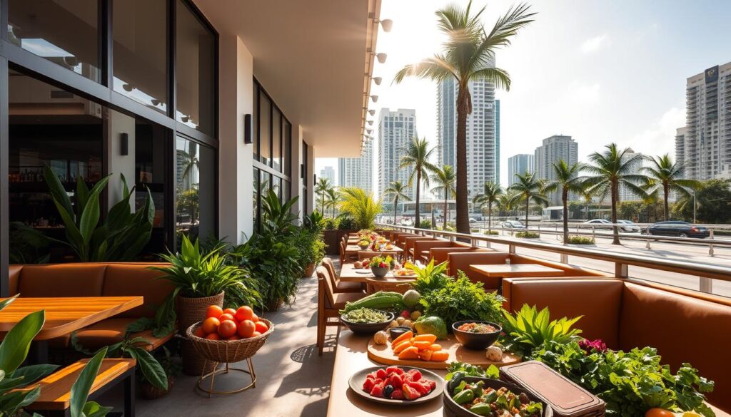 A vibrant, modern vegan restaurant nestled in the heart of Miami's bustling city center. The exterior features sleek, minimalist architecture with large windows that invite passersby to glimpse the lush, verdant greenery within. Natural sunlight floods the airy, open-concept dining area, illuminating the polished wooden tables and plush, earthy-toned seating. In the foreground, an artfully arranged display of freshly harvested produce and vibrant, colorful vegan dishes tempts the senses. In the background, the cityscape of Miami's iconic skyscrapers and palm trees can be seen through the expansive windows, creating a harmonious blend of urban and natural elements. The overall atmosphere exudes a sense of health, sustainability, and a celebration of plant-based cuisine.