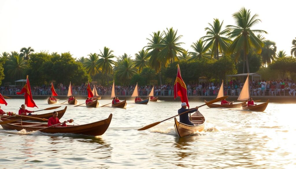 A vibrant scene of the traditional Pacu Jalur boat race on the Kuantan River. In the foreground, sleek wooden boats with ornate decorations and billowing sails glide across the shimmering water, their rowers propelling them with powerful strokes. In the middle ground, crowds of spectators line the riverbanks, their colorful traditional garments adding to the festive atmosphere. The background is framed by lush, verdant foliage and towering palm trees, casting a warm, golden glow over the entire scene. The image is bathed in the soft, diffused light of a tropical afternoon, capturing the timeless essence of this centuries-old cultural tradition.