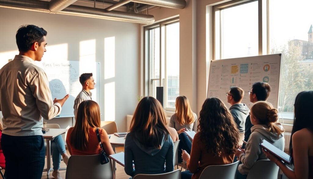 A well-lit classroom setting, with a group of students intently focused on a dynamic entrepreneurship training session. The instructor, standing at the front of the room, engages the class with a lively discussion, gesturing towards a whiteboard filled with vibrant diagrams and key concepts. Warm, natural lighting filters in through large windows, casting a soft glow over the scene. The students, a diverse group of young adults, lean forward, notebooks in hand, absorbing the lessons on developing their entrepreneurial skills and mindset. An atmosphere of energy, enthusiasm, and the promise of new opportunities permeates the space. A well-lit classroom setting, with a group of students intently focused on a dynamic entrepreneurship training session. The instructor, standing at the front of the room, engages the class with a lively discussion, gesturing towards a whiteboard filled with vibrant diagrams and key concepts. Warm, natural lighting filters in through large windows, casting a soft glow over the scene. The students, a diverse group of young adults, lean forward, notebooks in hand, absorbing the lessons on developing their entrepreneurial skills and mindset. An atmosphere of energy, enthusiasm, and the promise of new opportunities permeates the space.