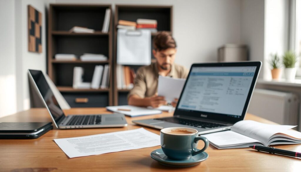 A well-lit office scene, showcasing the process of environmental engineering scholarship application. In the foreground, a laptop and documents are arranged neatly on a wooden desk, alongside a cup of coffee and a pen. In the middle ground, a person sitting at the desk is focused on the computer screen, navigating through online forms and guidelines. The background features shelves of reference books and a window, letting in soft, natural lighting. The atmosphere conveys a sense of concentration and diligence, reflecting the dedicated effort required to secure an environmental engineering scholarship.