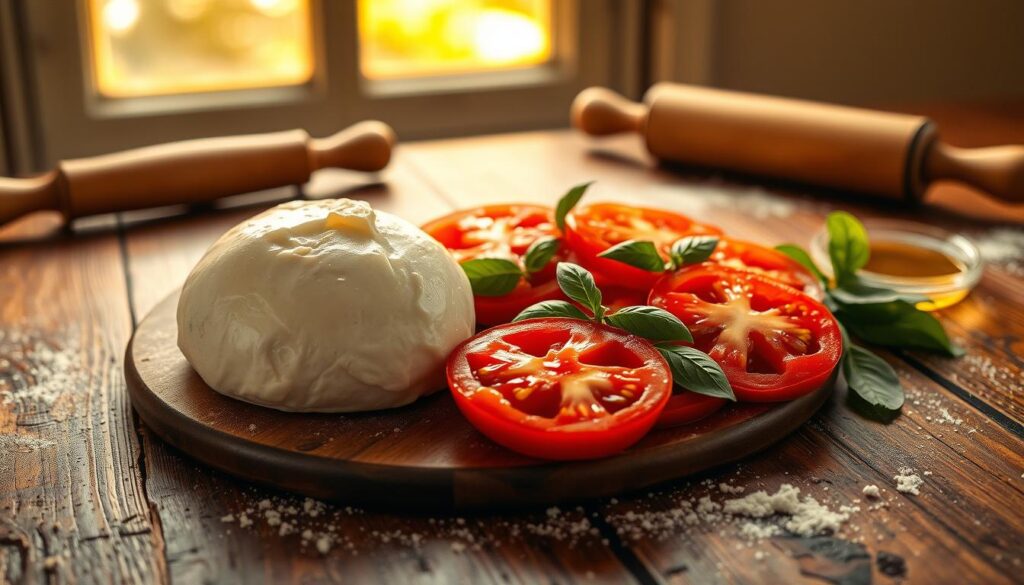 A wooden table, its worn surface catching the warm, golden light from a large window. Arranged atop it, the ingredients for an authentic Neapolitan pizza: a ball of fresh, creamy mozzarella, sliced tomatoes bursting with juicy redness, a sprinkling of fragrant basil leaves, and a scattering of olive oil. In the background, a rolling pin and a dusting of flour hint at the dough-making process. The scene exudes the rustic, homemade charm of traditional Italian cuisine, inviting the viewer to imagine the delicious, thin-crust pizza soon to emerge from the oven.