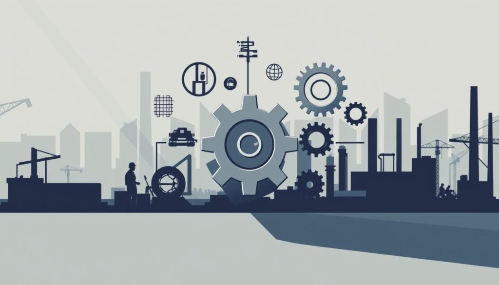An industrial-style illustration depicting the connection between vocational education and industry needs. A central gear icon representing vocational education, interlocking with various cog-like icons signifying diverse industrial sectors. The foreground shows this linkage in sharp focus, with a muted, technical color palette. The middle ground features silhouettes of workers, machines, and factory elements, hinting at the practical application of vocational skills. The background subtly suggests an urban landscape, underscoring the real-world relevance of this educational-industrial partnership. Dramatic side lighting casts dynamic shadows, lending a sense of dynamism and purpose to the scene. The overall mood is one of functional harmony, where education seamlessly aligns with industry's evolving requirements. An industrial-style illustration depicting the connection between vocational education and industry needs. A central gear icon representing vocational education, interlocking with various cog-like icons signifying diverse industrial sectors. The foreground shows this linkage in sharp focus, with a muted, technical color palette. The middle ground features silhouettes of workers, machines, and factory elements, hinting at the practical application of vocational skills. The background subtly suggests an urban landscape, underscoring the real-world relevance of this educational-industrial partnership. Dramatic side lighting casts dynamic shadows, lending a sense of dynamism and purpose to the scene. The overall mood is one of functional harmony, where education seamlessly aligns with industry's evolving requirements.