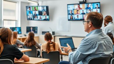 Ilustrasi pembelajaran hybrid yang menunjukkan guru mengajar siswa secara tatap muka dan online secara bersamaan