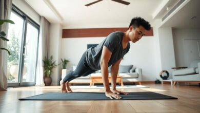 Seseorang melakukan latihan fisik di rumah tanpa peralatan mahal