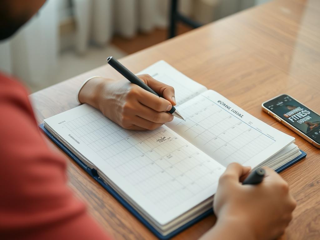 Seseorang mencatat jadwal latihan fisik di rumah Seseorang mencatat jadwal latihan fisik di rumah