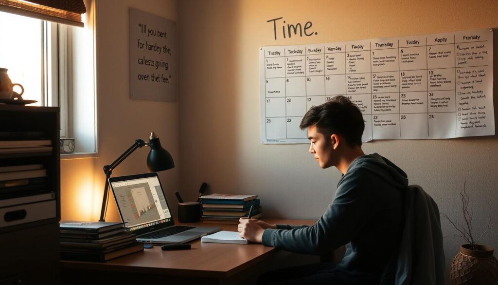 A dimly lit study desk in a cozy college dorm room, with a laptop, a stack of textbooks, and a calendar prominently displayed. Sunlight filters in through a nearby window, casting a warm glow on the workspace. In the foreground, a student sitting at the desk, deep in thought, jotting down notes in a notebook. On the wall, inspirational quotes and a timetable outlining a balanced schedule of classes, extracurricular activities, and personal time. The scene conveys a sense of focus, organization, and productivity, capturing the essence of effective time management for a university student.
