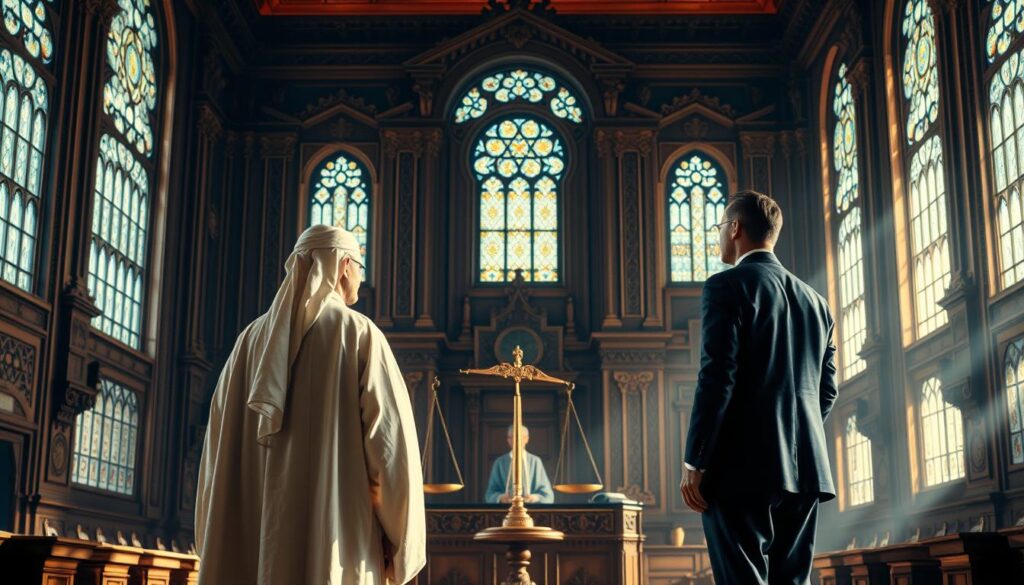 A grand courtroom scene, bathed in warm natural light from tall windows. In the foreground, two figures - one in traditional Islamic robes, the other in Western business attire - stand before a solemn, impartial judge. The background is a rich tapestry of intricate carvings and stained-glass, symbolizing the shared heritage of justice. Soft shadows and muted colors evoke a sense of thoughtful contemplation, as the scales of justice hang in delicate balance, reflecting the pursuit of social equity within differing legal systems. A grand courtroom scene, bathed in warm natural light from tall windows. In the foreground, two figures - one in traditional Islamic robes, the other in Western business attire - stand before a solemn, impartial judge. The background is a rich tapestry of intricate carvings and stained-glass, symbolizing the shared heritage of justice. Soft shadows and muted colors evoke a sense of thoughtful contemplation, as the scales of justice hang in delicate balance, reflecting the pursuit of social equity within differing legal systems.