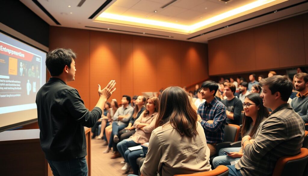 A group of university students gathered in a well-lit auditorium, engaged in a dynamic discussion about entrepreneurship. In the foreground, a student stands at a podium, gesturing enthusiastically as they present their ideas. The middle ground features a mix of attentive listeners, some taking notes, others exchanging ideas. In the background, a large projection screen displays visuals supporting the presentation, creating an atmosphere of collaborative learning and entrepreneurial spirit. The lighting is warm and inviting, evoking a sense of inspiration and motivation. The overall scene captures the energy and enthusiasm of a university-led initiative to encourage more student participation in entrepreneurship. A group of university students gathered in a well-lit auditorium, engaged in a dynamic discussion about entrepreneurship. In the foreground, a student stands at a podium, gesturing enthusiastically as they present their ideas. The middle ground features a mix of attentive listeners, some taking notes, others exchanging ideas. In the background, a large projection screen displays visuals supporting the presentation, creating an atmosphere of collaborative learning and entrepreneurial spirit. The lighting is warm and inviting, evoking a sense of inspiration and motivation. The overall scene captures the energy and enthusiasm of a university-led initiative to encourage more student participation in entrepreneurship.