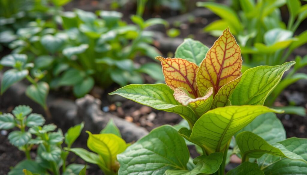 A lush, thriving garden scene with a close-up view of a Hama tanaman, or pest plant, taking center stage. The plant's vibrant green leaves and intricate patterns are rendered in stunning detail, capturing its natural beauty and the challenges it may pose for gardeners. The background features a well-tended garden bed, with other verdant plants providing a complementary context. Soft, diffused lighting bathes the scene, creating a calming and naturalistic atmosphere. The overall composition emphasizes the Hama tanaman's role as a common gardening obstacle, inviting the viewer to explore effective solutions for managing such issues.