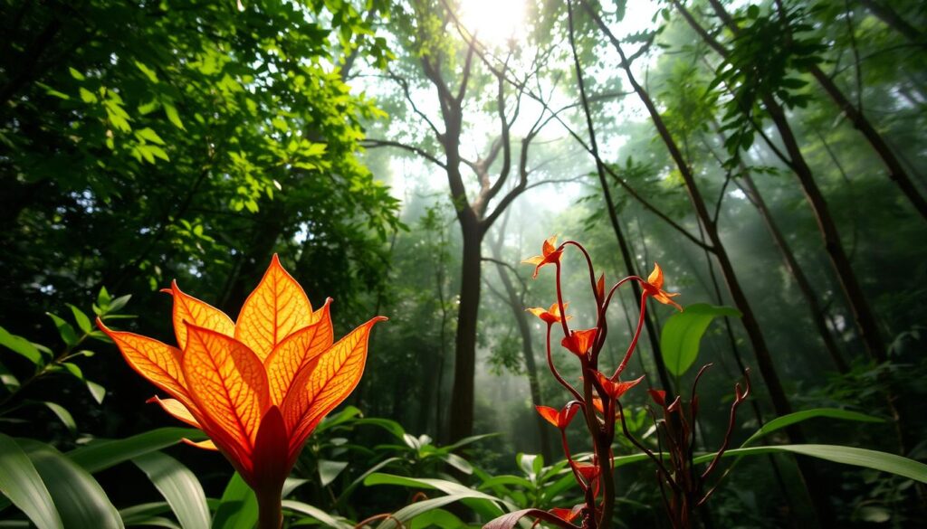 A lush, verdant forest canopy casts a warm, dappled light upon a rare and enchanting plant. In the foreground, the delicate leaves and petals of the "Tanaman Langka" unfold, their intricate patterns and vibrant hues captivating the viewer. The mid-ground reveals the plant's unique growth habit, its stems twisting and reaching towards the sunlight. In the background, a serene, misty atmosphere suggests a sense of mystery and wonder surrounding this precious botanical specimen. The scene is captured with a close, intimate lens, emphasizing the plant's intricate details and the fragile beauty of this threatened species.