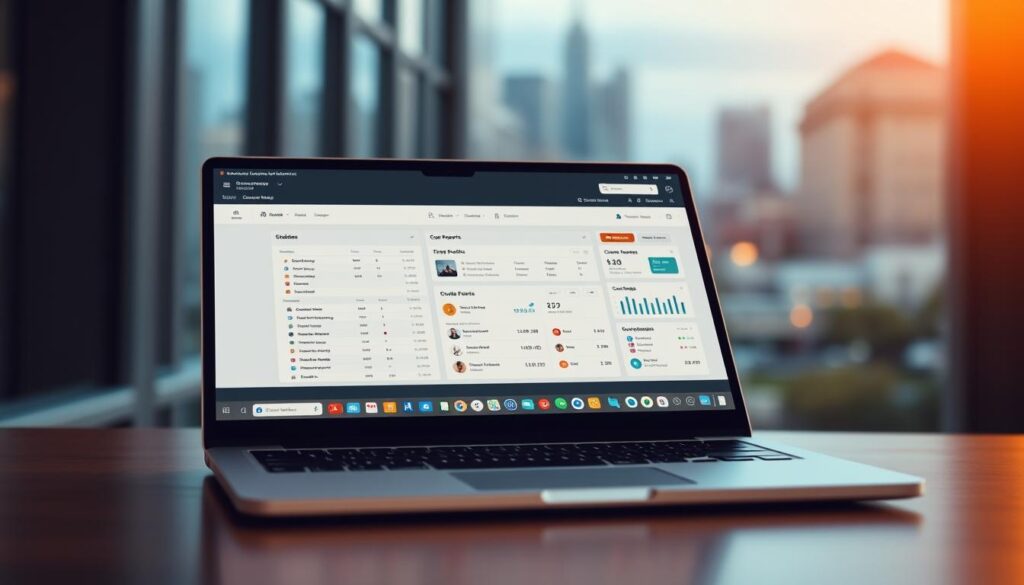 A modern academic information system displayed on a sleek, silver laptop. The interface features clean lines, intuitive icons, and a minimalist design that conveys efficiency and professionalism. In the foreground, student records, course schedules, and grade reports are neatly organized, reflecting the system's comprehensive functionality. The middle ground showcases a centralized dashboard with customizable widgets, allowing administrators to monitor and manage academic data. In the background, a blurred cityscape symbolizes the system's role in connecting the institution with the wider community. Warm, directional lighting creates a sense of sophistication, while a subtle depth of field emphasizes the system's user-centric approach.