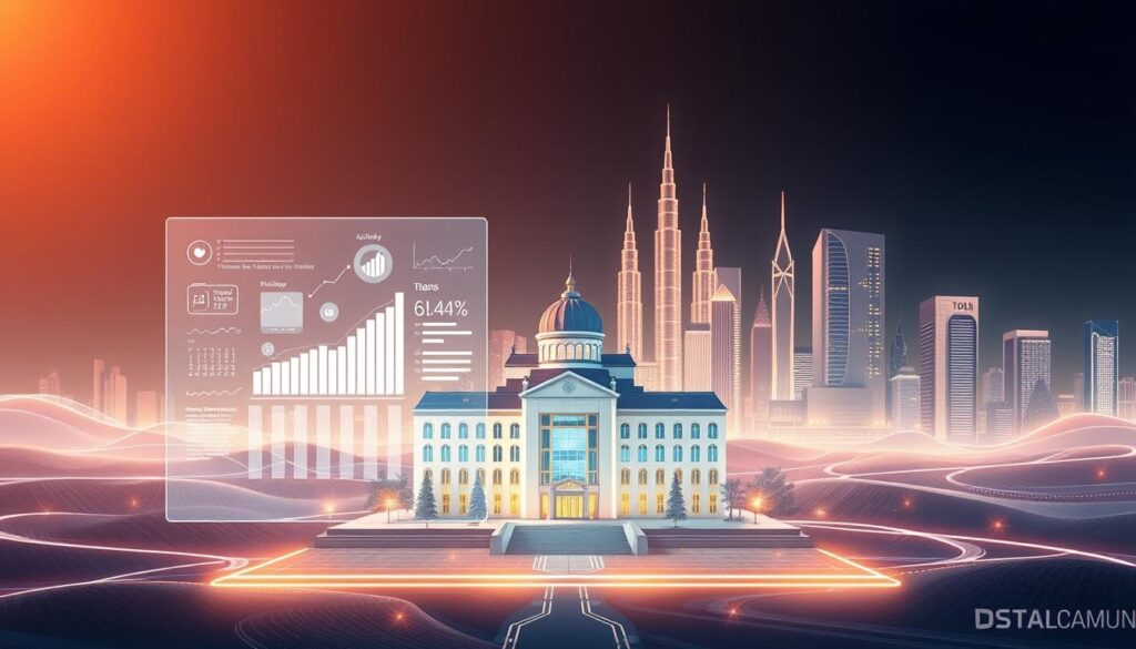A modern academic information system taking shape in a sleek, futuristic landscape. In the foreground, a holographic display showcases dynamic data visualizations, symbolizing the technological advancements driving the system. The middle ground features a stylized campus building, its architectural design reflecting a harmonious blend of traditional and contemporary elements. In the background, a cityscape of towering skyscrapers and gleaming spires suggests a thriving, technologically-advanced academic ecosystem. Warm lighting casts a gentle glow, creating an atmosphere of innovation and progress. The scene conveys a vision of a cutting-edge, digitally-enhanced academic experience.