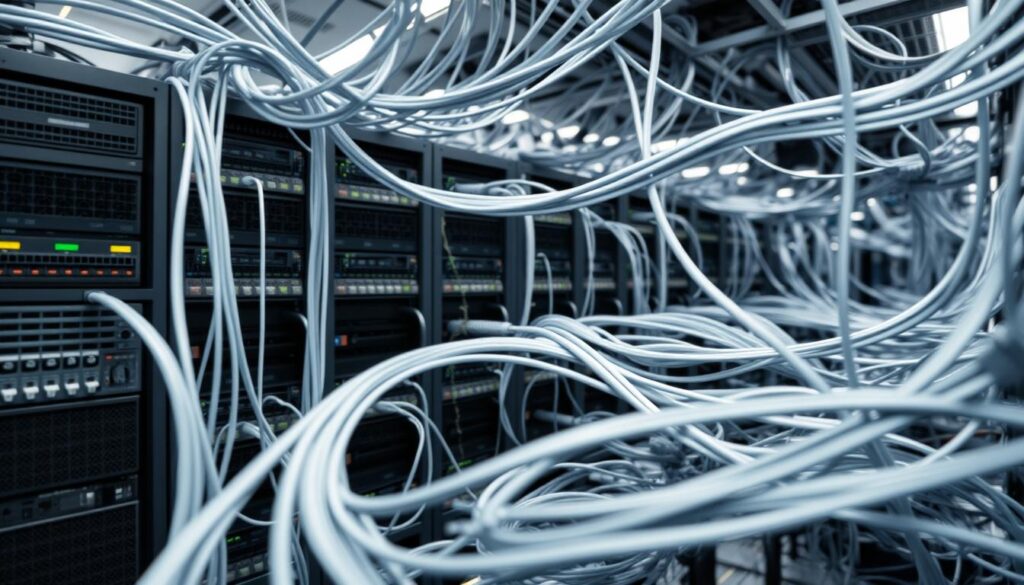 A modern computer network infrastructure with dynamic connections, sleek servers, and intricate cables meticulously arranged in a visually compelling layout. The scene is well-lit, with a soft, indirect lighting that accentuates the texture and depth of the components. The network topology is clearly visible, showcasing the interconnectivity and data flow between the various nodes. The overall composition maintains a balance between the technical details and a sense of elegant simplicity, reflecting the efficient and streamlined nature of the "Kurikulum Berbasis SKKNI dan Praktik Langsung" curriculum.