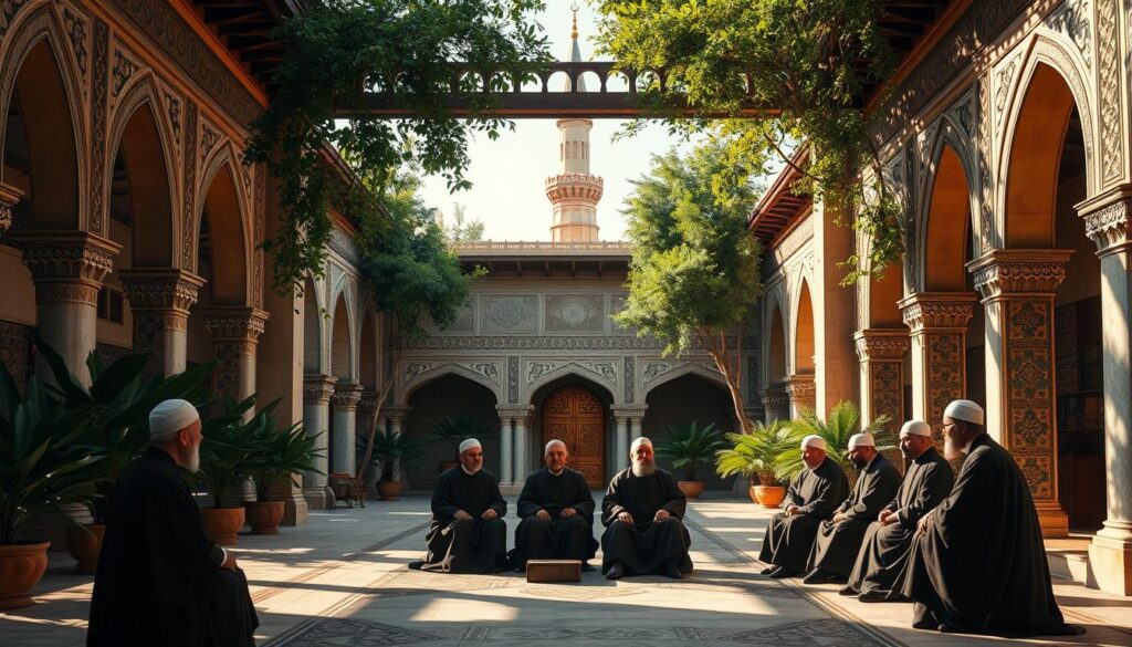 A serene courtyard in a traditional Islamic judicial complex, with ornate archways, intricate tile work, and lush greenery. In the foreground, a panel of wise, robed scholars deliberates a case, their expressions grave yet compassionate. The lighting is warm and natural, casting long shadows and highlighting the architectural details. The atmosphere conveys a sense of reverence, justice, and spiritual guidance. In the background, a minaret stands tall, symbolizing the integration of faith and jurisprudence in the Islamic judicial system. A serene courtyard in a traditional Islamic judicial complex, with ornate archways, intricate tile work, and lush greenery. In the foreground, a panel of wise, robed scholars deliberates a case, their expressions grave yet compassionate. The lighting is warm and natural, casting long shadows and highlighting the architectural details. The atmosphere conveys a sense of reverence, justice, and spiritual guidance. In the background, a minaret stands tall, symbolizing the integration of faith and jurisprudence in the Islamic judicial system.