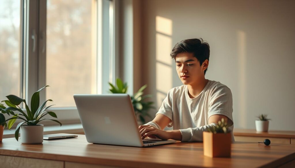 A serene, minimalist home office setting with a young student sitting at a desk, working intently on a laptop. Soft, natural lighting filters through large windows, casting a warm glow across the wooden surfaces. Houseplants and a stylized desk organizer add subtle pops of greenery, creating a calming, focused atmosphere. The student's expression is one of calm concentration, reflecting a mindful approach to productivity and mental well-being. The background features muted, earthy tones, conveying a sense of balance and tranquility. This scene represents the importance of maintaining a healthy work-life integration for university students.