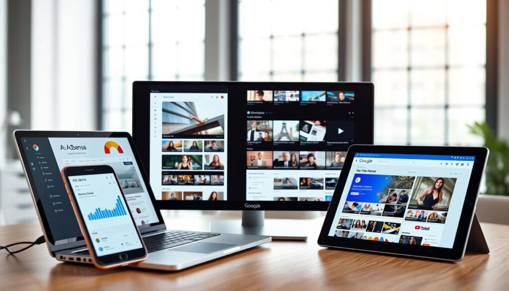A sleek and modern desktop setup featuring a laptop, smartphone, and tablet displaying the Google AdSense interface. The foreground showcases the AdSense dashboard with colorful charts and metrics, hinting at the potential for revenue growth. The middle ground features various website mockups and YouTube channel thumbnails, emphasizing the diverse monetization opportunities. In the background, a clean and minimalist office environment with large windows, allowing natural light to illuminate the scene. The overall atmosphere conveys a sense of professionalism, productivity, and the promise of financial success through the power of Google AdSense.