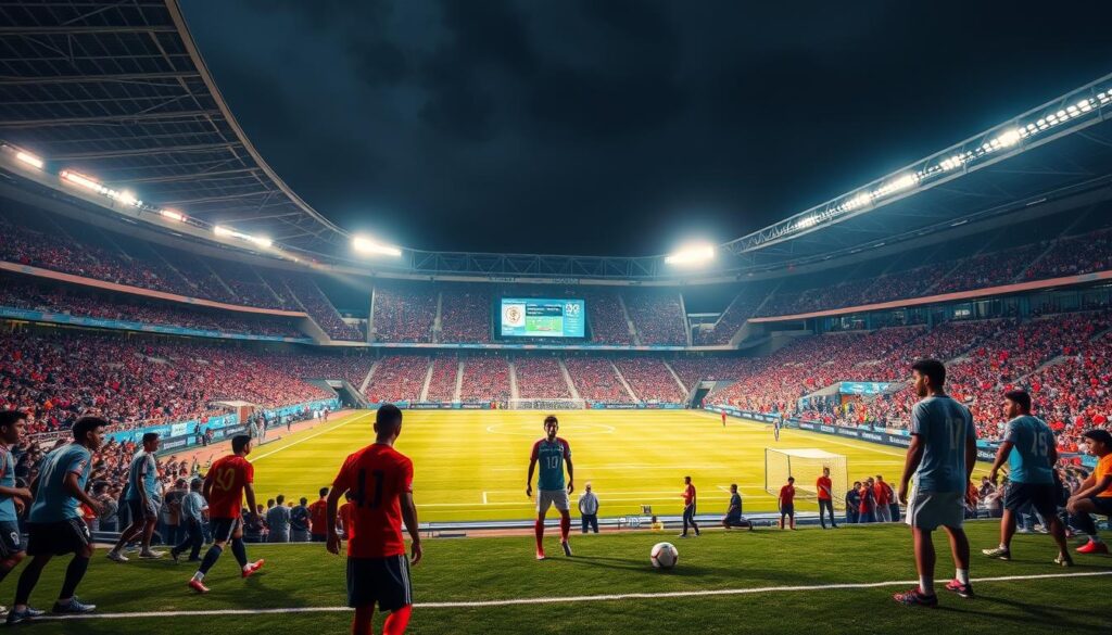 A vibrant stadium filled with passionate soccer fans, the field illuminated by state-of-the-art floodlights casting a warm glow. In the foreground, players in the latest high-tech jerseys and cleats showcase their athletic prowess, while on the sidelines, coaches and staff utilize cutting-edge digital analytics to optimize team performance. The middle ground features a digital scoreboard displaying real-time match data and player statistics, seamlessly integrated with the stadium's infrastructure. In the background, a panoramic view of the modern arena, its sleek architectural design incorporating the latest innovations in sports technology, from advanced broadcasting systems to interactive fan experiences. The overall scene conveys the seamless integration of technology and the beautiful game, capturing the excitement and progress of Indonesia's Liga 1 football league.