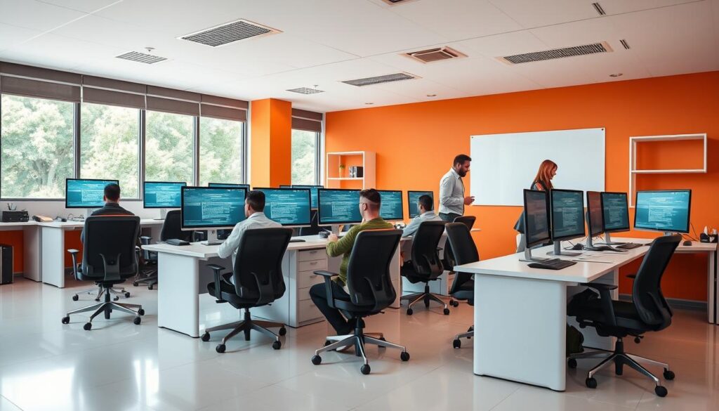 A well-equipped computer training facility with modern workstations and ergonomic chairs, situated in a spacious, well-lit room with large windows allowing natural illumination. Sleek, minimalist desks and shelves line the walls, creating a clean and organized atmosphere. Vibrant, yet soothing wall colors and a subtle, warm lighting scheme set the tone for a productive and engaging learning environment. Trainees are intently focused on their screens, absorbing the course material with the support of knowledgeable instructors moving between the workstations, providing guidance and assistance. The overall scene conveys a sense of professionalism, comfort, and a dedication to facilitating effective computer system training.