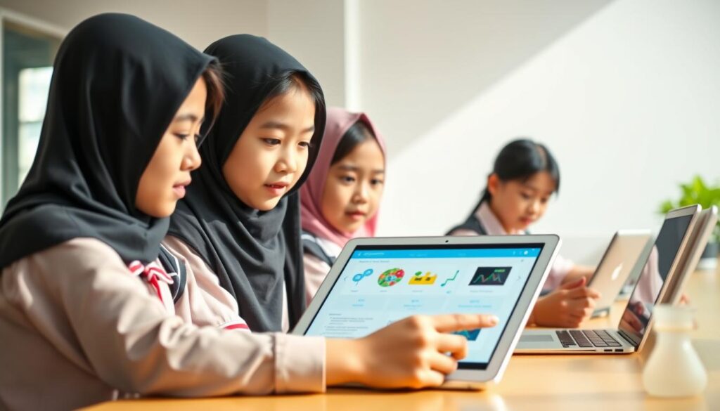 Siswa menggunakan aplikasi belajar daring Indonesia di tablet dan laptop