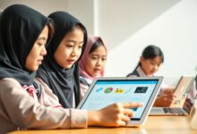 Siswa menggunakan aplikasi belajar daring Indonesia di tablet dan laptop