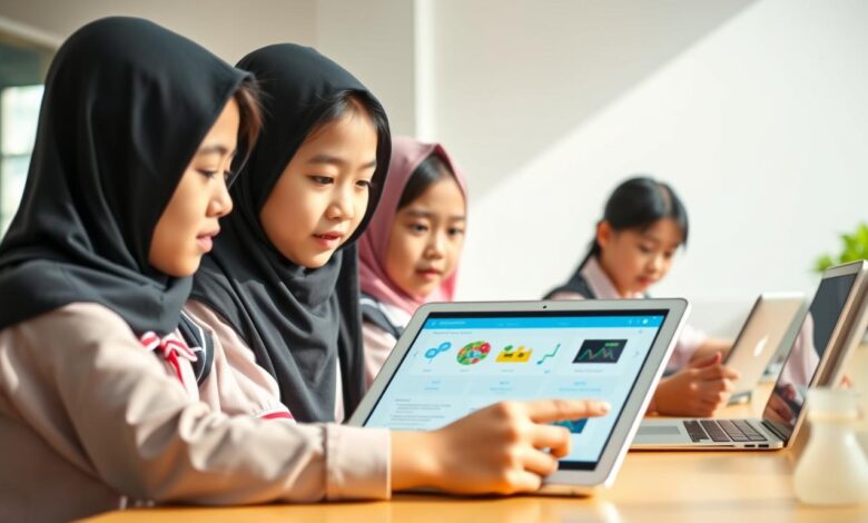 Siswa menggunakan aplikasi belajar daring Indonesia di tablet dan laptop