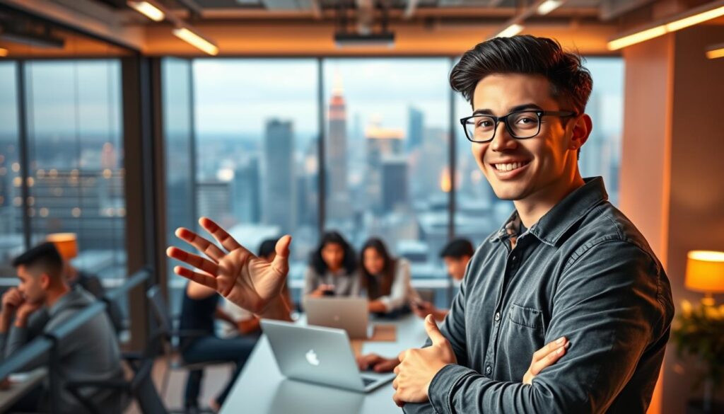 Vibrant scene of a young entrepreneur showcasing their innovative startup idea. Foreground features the entrepreneur gesturing enthusiastically, with a determined expression, against a backdrop of a sleek, modern office space. Warm lighting illuminates the scene, creating an atmosphere of excitement and possibility. In the middle ground, colleagues gathered around a laptop, engaged in animated discussion. The background depicts an expansive city skyline, hinting at the broader entrepreneurial ecosystem. Capturing the spirit of a student-led startup, the image conveys a sense of ambition, collaboration, and the transformative potential of student innovation. Vibrant scene of a young entrepreneur showcasing their innovative startup idea. Foreground features the entrepreneur gesturing enthusiastically, with a determined expression, against a backdrop of a sleek, modern office space. Warm lighting illuminates the scene, creating an atmosphere of excitement and possibility. In the middle ground, colleagues gathered around a laptop, engaged in animated discussion. The background depicts an expansive city skyline, hinting at the broader entrepreneurial ecosystem. Capturing the spirit of a student-led startup, the image conveys a sense of ambition, collaboration, and the transformative potential of student innovation.