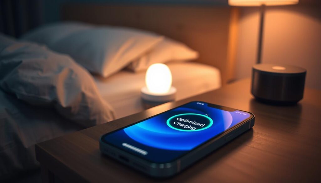 A close-up view of an iPhone 15 on a stylish wooden bedside table, displaying the "Optimized Battery Charging" feature on the screen. The foreground focuses on the sleek design of the iPhone, showcasing its vibrant screen with percentage indicators visible. In the middle ground, a soft glowing charger is connected, emitting a warm light, creating a cozy atmosphere perfect for nighttime. The background features a dimly lit bedroom with calming colors and soft textures, enhancing the peaceful mood. The lighting is soft and warm, emphasizing the idea of a soothing nighttime routine. The overall scene conveys a sense of modern technology seamlessly integrated into everyday life, with an emphasis on battery health and efficiency.