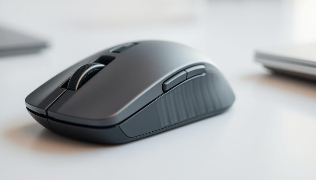 A detailed close-up of a computer mouse, with a sleek and modern design, resting on a minimalist desk surface. The mouse is rendered in shades of grey, with subtle textures and highlights that accentuate its form. The lighting is soft and diffused, creating a calm and professional atmosphere, suitable for a presentation or office setting. The depth of field is shallow, keeping the mouse in sharp focus while subtly blurring the background. The image conveys a sense of precision, functionality, and technological sophistication, perfectly complementing the "Tips Lanjutan: Profil Per-Aplikasi, Makro, dan Konfigurasi yang Ramah Presenter" section of the article.