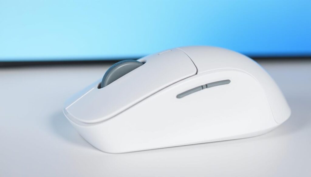 A detailed, high-resolution image of a computer mouse with a prominent left and right mouse button, set against a clean, modern desktop background. The mouse should have a sleek, minimalist design with sharp edges and a matte finish. Lighting should be soft and diffused, creating subtle shadows and highlights that accentuate the form of the device. The image should convey a sense of simplicity and functionality, perfectly suited for illustrating the "X-Mouse Button Control" software and its use in a presentation setting.