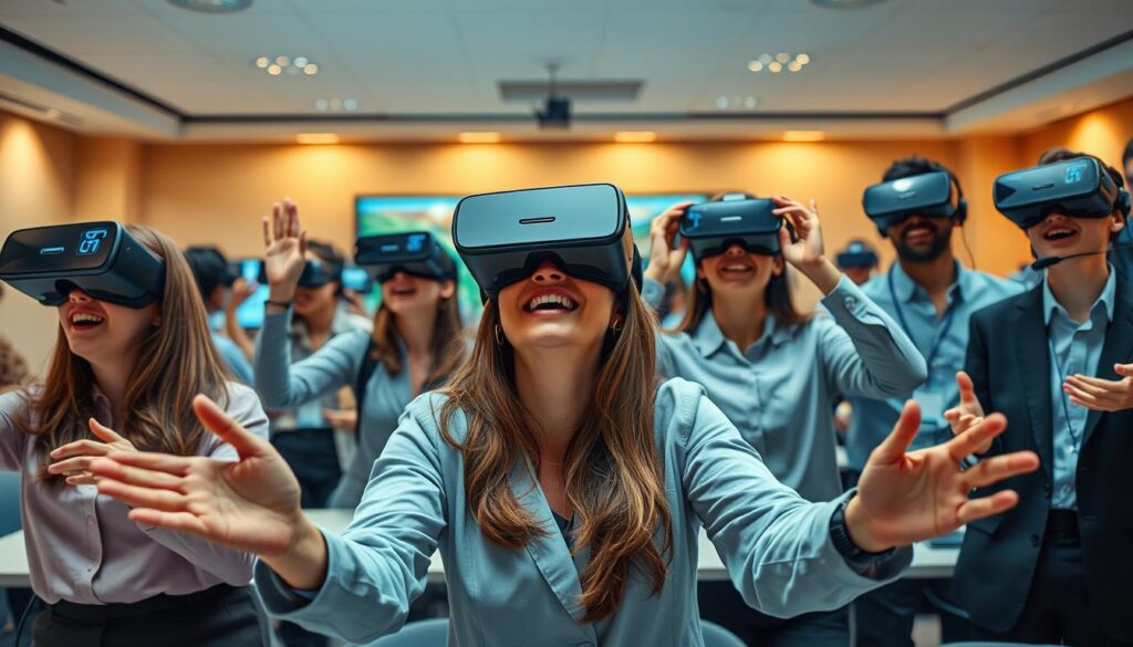 A dynamic classroom scene showcasing immersive virtual reality learning. In the foreground, a diverse group of students, dressed in professional attire, are engaged in a VR experience, wearing headsets and gesturing excitedly. In the middle, detailed visuals of virtual landscapes and interactive elements highlight various educational subjects, like science and history, with vibrant colors and lifelike representations. The background features a modern classroom setting with soft, ambient lighting that illuminates the space, creating a warm and inviting atmosphere. The camera angle is slightly elevated, capturing both the students' immersed expressions and the fascinating virtual world they are exploring. The overall mood is one of excitement, collaboration, and innovation in education, demonstrating the transformative potential of VR technology in learning.