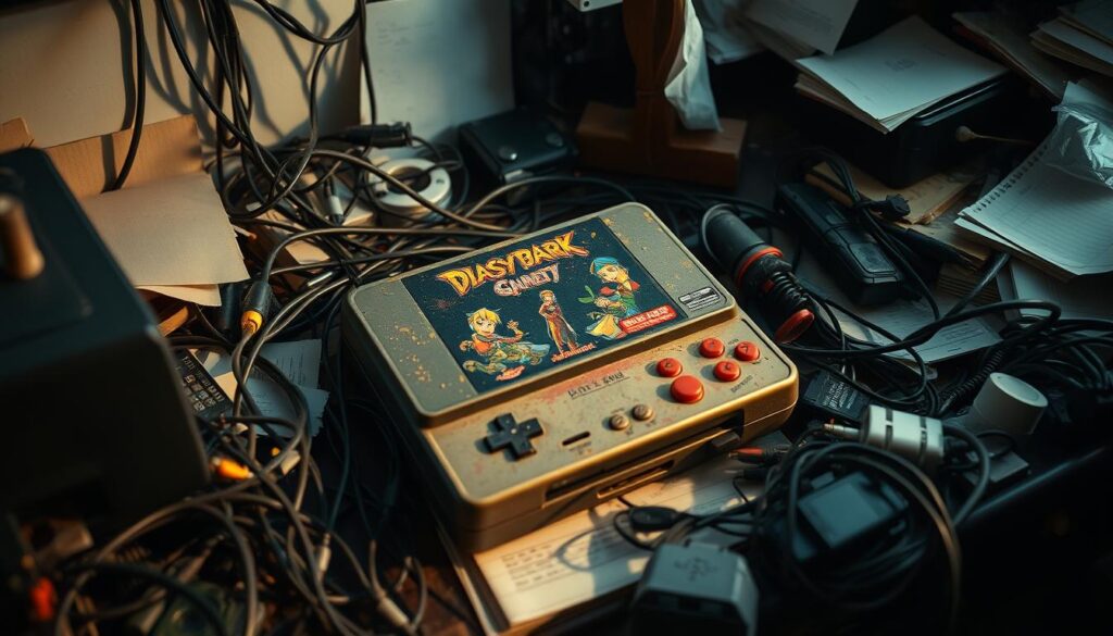 A forgotten, dusty game console sitting on a cluttered desk, surrounded by a chaotic jumble of electronic cables, papers, and old trinkets. The console's once-vibrant colors have faded, and its buttons are worn from years of use. Soft, warm lighting illuminates the scene, casting long shadows and creating a sense of nostalgia. The cramped, disorganized space reflects the way this abandoned game has taken up valuable mental and physical space, slowing down the user's performance and draining their resources.