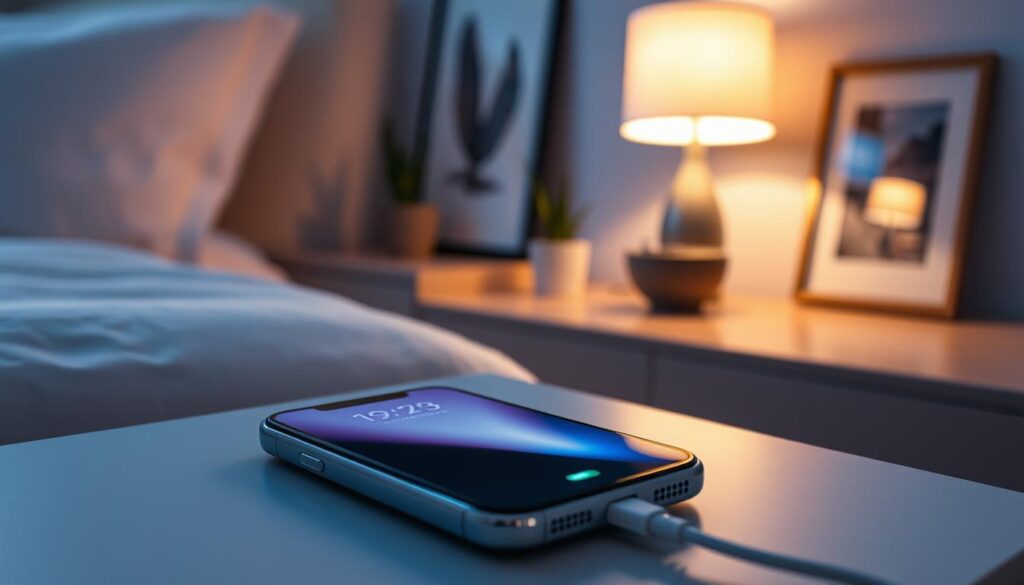 A modern iPhone charging on a sleek, minimalist nightstand in a softly lit room, showcasing an elegant charging cable plugged into the device. In the foreground, the iPhone is prominently displayed with its screen glowing faintly, indicating it’s in charging mode. In the middle, there’s an ambiance created by a warm bedside lamp illuminating the space, reflecting a tranquil evening setting. The background includes subtle decorative elements, such as a small potted plant and a framed art piece on the wall, enhancing the cozy atmosphere. Soft shadows play across the surfaces, suggesting a calm, serene vibe that emphasizes the theme of battery care and longevity. The overall composition evokes a sense of relaxation and mindfulness in device charging habits.